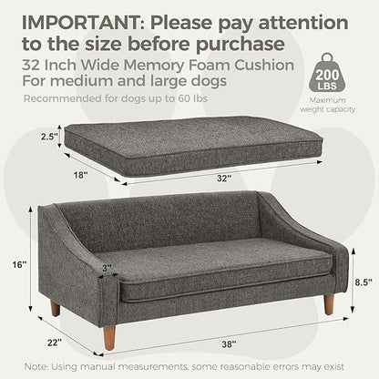 Dog Sofa Couch for Medium to Large Dogs, Durable Pet Sofa with Washable Fabric, Elevated Mini Dog Bed with Wooden Legs for Medium and Large Dogs, Dark Grey