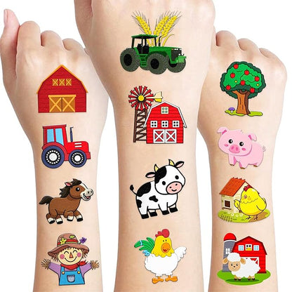 72 PCS Farm Barnyard Animal Pre-Cut Temporary Tattoos Sticker Birthday Decorations Party Supplies Favors Gift Boy Girl Farmhouse Cow Chicken Tattoo School Reward Themed (Normal)