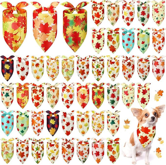 Abbylike 50 Pcs Fall Dog Bandana Bulk Maple Leaves Bandana for Dogs Triangle Kerchief Bibs Scarf for Small Medium Large Pet Autumn Thanksgiving Costume Accessories, 25 Styles (25.6 x 17.7 x 17.7 Inch)