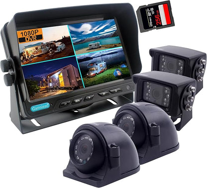 10 inch Screen 1080P Backup Camera System with Wired, DVR Recorder, Quad Split Screen, Car Monitor + 2X Waterproof Reversing Cameras + 2X Safety Sides Camera, for Camper, Trailers, Truck, RV