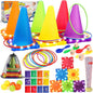 Eocolz 49PCS Carnival Games Outdoor Combo Set for Kids with LED Light, Plastic Cones Obstacle Course Bean Bags Balls Ring Toss Game Egg and Spoon Race Lawn Game, Gift for Birthday Party/Xmas/Easter