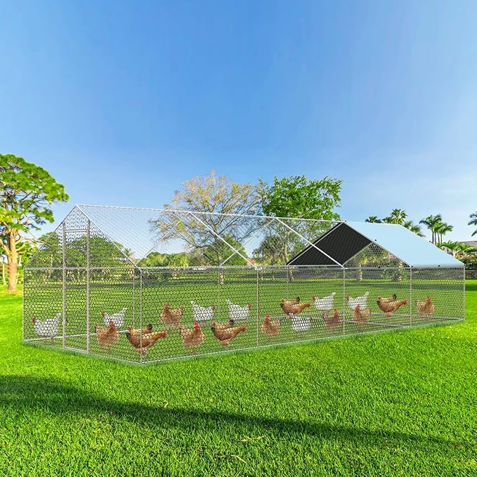 4ever2buy Large Metal Chicken Coop with Run Walk-in Poultry Cage Chicken Runs House Pen Cage Spire Roofed Chicken Coops with Anti-Ultraviolet Cover for Outdoor Backyard Farm Use 9.5’Lx24.9’Wx6.4’H