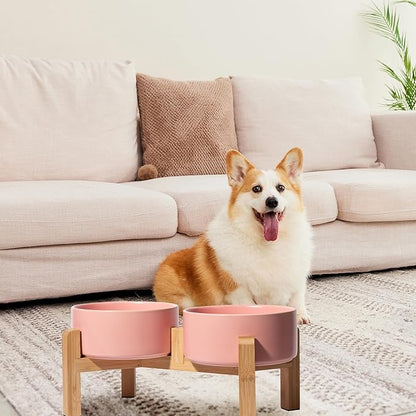 Elevated Ceramic Dog Bowl Set - Raised Dog Bowls with Non-Slip Bamboo Stand - Dog Food and Water Bowl Set - Double Dog Feeding Bowls - Suitable for Small and Medium Dogs - 28.74 OZ - 3.6 CUPS - 850 ML
