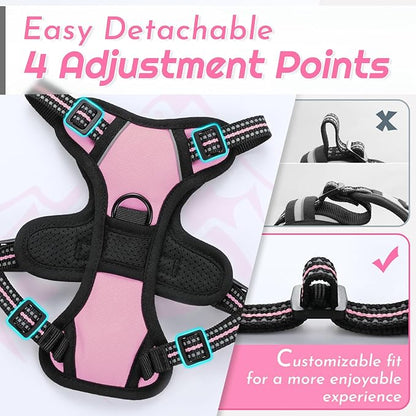 Eagloo Small Dog Harness No Pull, Service Vest with Reflective Strips and Control Handle, Adjustable and Comfortable for Easy Walking, No Choke Pet Harness with 2 Metal Rings, Pink, XS