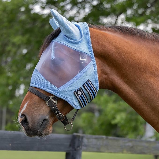 Equinavia Algard Soft Mesh Horse Fly Mask with Ear Protection and 45 UPF Rating | No Eye Irritation & UV Protection - Light Blue - Pony