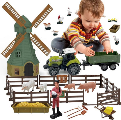 82PCS Farm Animals Toys Set Comes with Tractor Trailer, Windmill, Farmer, Fence - Playset for Kids Toddlers Boys Girls 5+ Years Old