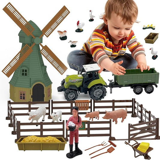82PCS Farm Animals Toys Set Comes with Tractor Trailer, Windmill, Farmer, Fence - Playset for Kids Toddlers Boys Girls 5+ Years Old