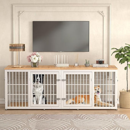 78 Inch Double Dog Crate Furniture, Heavy Duty Extra Large Cage Furniture with Divider for 2 Dogs, Decorative Wooden Kennel Furniture Indoor, Pet House for Large and Medium Dogs, White