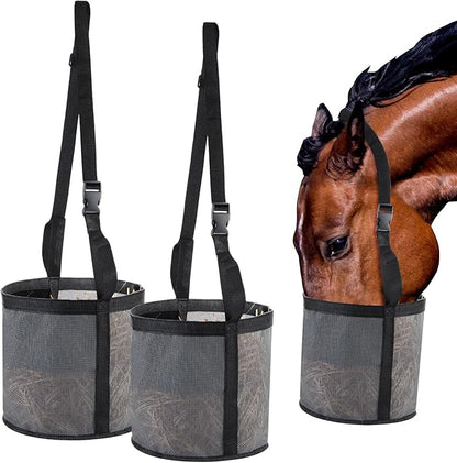 2 Pcs Horses Feed Horse Bag for Grain Hay Bags Heavy Duty Mesh Horse Feeder with Adjustable Strap Comfort Neck Pad Nose Pad and Waterproof Bottom Muzzle(Gray)