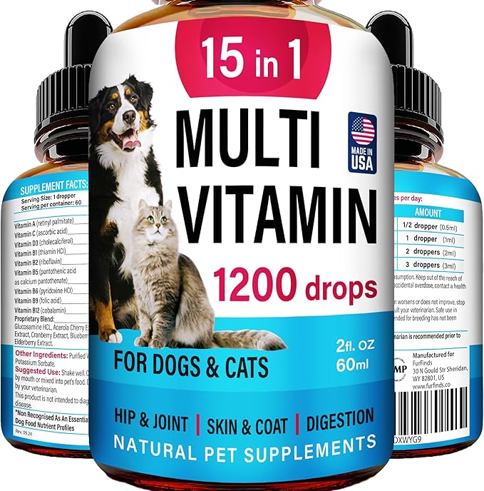 Advanced 15-in-1 Multivitamin for Dogs & Cats - Premium Liquid Supplement with Glucosamine, Vitamin B Complex and Cranberry for Joint, Digestive, Skin, Immune & UTI Support - 2.0 Fl Oz - Made in USA