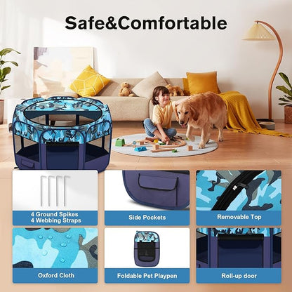 Dog Playpen, Pet Playpen, Portable Cat Playpen, Foldable Puppy Playpen Exercise Kennel Tent with Carry Case Collapsible Bowl,Water-Resistant Shade Cover for Indoor Outdoor Travel （Bule,Medium）
