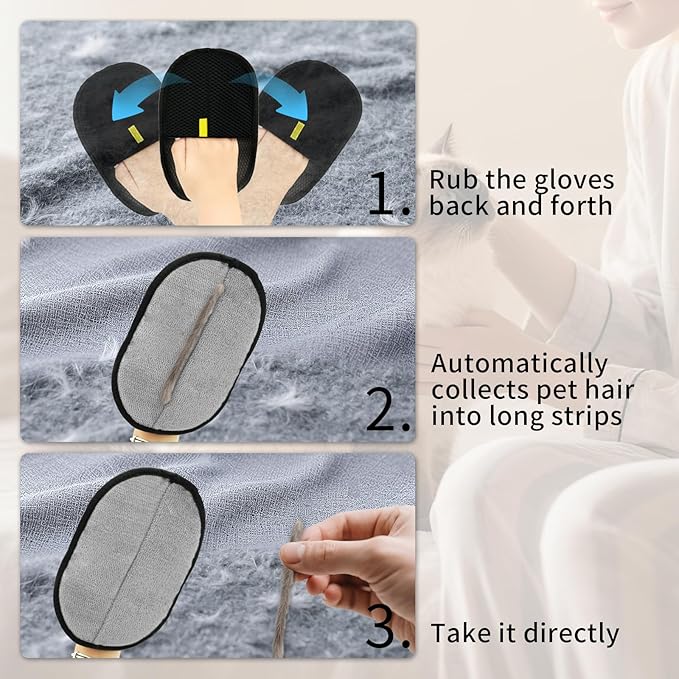 3 Pcs Pet Hair Removal Glove, Electrostatic Pet Hair Removal Gloves, Reusable Cat and Dog Hair Remover, for Couch, Carpet, Furniture, Car, Bedding, Cat Grooming Gloves