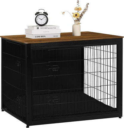 DWANTON Dog Crate Furniture with Cushion, Wooden Kennel Table with Double Doors, Indoor Dog House, Extra Large Size, 43.3" L, Black+Warm Brown