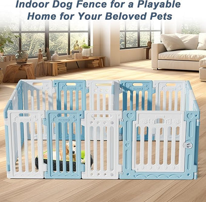 2 Room Dog Playpen with Door,DIY Shape Combination Puppy Pen,16-Panel+2 Link Piece+Large Door+Small Door,25.5" H Dog Fence,Non-Slip&Secure Pet Gate,Easy to Assemble,Blue+White