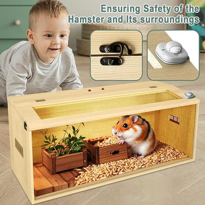 32" Hamster Habitat Enclosure, Top Opening Lockable Roof Door, Gerbil Dwarf Hamster Cage with Hygrometer, Chewproof Syrian Hamster Cage for Mice, Small Animal, (Wooden, 32" L x 16" W x 16" H)