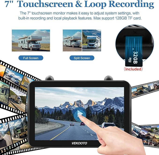 2 Magnetic Solar Wireless Backup Camera with 7'' IPS Touchscreen, 15,000mAh Rechargeable, Auto Sleep, No Wiring, 1080P Night Vision Wireless Backup Camera for Trucks, RV, Trailer, Camper VEKOOTO VK7-2