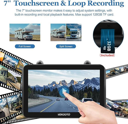 2 Magnetic Solar Wireless Backup Camera with 7'' IPS Touchscreen, 15,000mAh Rechargeable, Auto Sleep, No Wiring, 1080P Night Vision Wireless Backup Camera for Trucks, RV, Trailer, Camper VEKOOTO VK7-2
