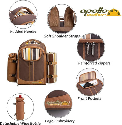 apollo walker Picnic Backpack Bag for 2 Person with Cooler Compartment, Detachable Bottle/Wine Holder, Fleece Blanket, Plates and Cutlery(2 Person, Brown)