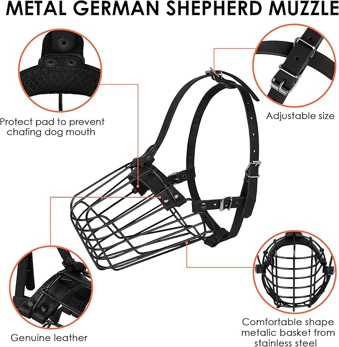German Shepherd Dog Muzzle Metal Basket for Medium Large Dogs Adjustable Durable Leather Straps Secure Wire Mask for Biting Chewing Barking (Black, M - Size)
