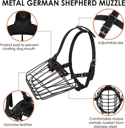 German Shepherd Dog Muzzle Metal Basket for Medium Large Dogs Adjustable Durable Leather Straps Secure Wire Mask for Biting Chewing Barking (Black, M - Size)