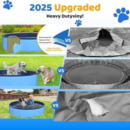 39.5" x 12" Foldable Dog Pool - Collapsible Hard Plastic Kiddie Pool for Dogs & Kids, Non-Slip Pet Bath Tub for Outdoor Backyard Use, Lightweight & Portable (Blue)