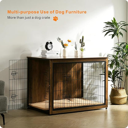 DWANTON Dog Crate Furniture with Cushion, Wooden Kennel Table with Double Doors, Indoor Dog House, Extra Large, 43.3" L, Warm Brown