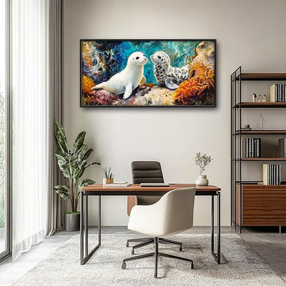 Extra Large Seal Framed Wall Art for Living Room,Oversized Underwater Animal Pictures Wall Decor,Ocean Coral Reef Canvas Print Painting Modern Artwork Bedroom Office Bathroom 60L" x 30W"
