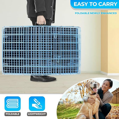 FDW Dog Crate for Large Dogs 42 Inch Folding Metal WirePet Cage Double Door W/Divider Panel Indoor Outdoor Kennel Leak-Proof Plastic Tray,Blue