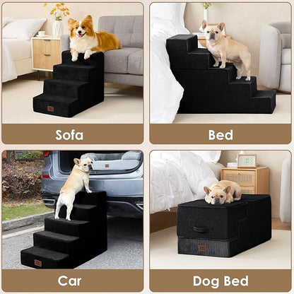 EHEYCIGA Dog Stairs for High Bed 25" H, 5-Step Extra Wide Dog Steps for Bed, Pet Steps for Small Dogs and Cats, Non-Slip Balanced Pet Ramp Indoor, Black