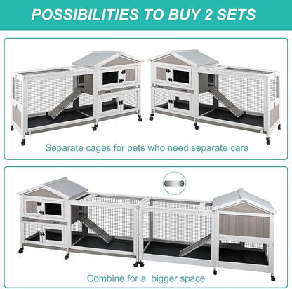 2-Tier Rabbit Hutch with Wheels, Indoor & Outdoor Small Animal Cage with Deep Pull-Out Tray, Anti-Chew Frame, Habitat for Bunny, Guinea Pig, Chinchilla (60" L x 19" W x 35" H)