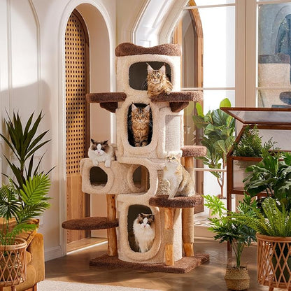 70" Heavy Duty Cat Tree for Large Cats with Toys, All-in-One Cat Tower with Cat Perch, Tall Cat Tower with Scratching Post, Brown Modern Cat House