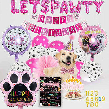 Dog Party Supplies Decorations - Cute Bandana, Let's Pawty Banner, Cake Topper, Hat, Pink Bowtie, Tutu Skirt, Paw Balloon for Birthday Celebration