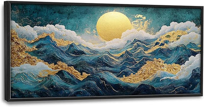 Framed Large Sun Mountain Wall Art, Oversized Teal and Golden Sun Wall Decor for Living Room, Abstract Landscape Canvas Painting Modern Artwork Home Decoration for Living Room Bedroom 60"x30"