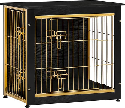 DWANTON Dog Crate Furniture with Cushion, Wooden Kennel Table with Double Doors, Indoor Dog House, Small/Medium/Large Size, 27.2" L, Black+Gold