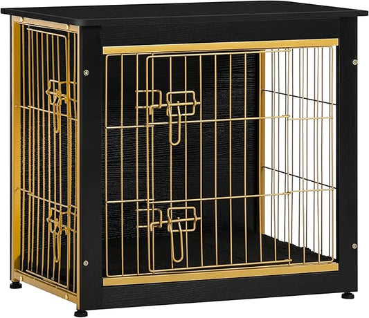 DWANTON Dog Crate Furniture with Cushion, Wooden Kennel Table with Double Doors, Indoor Dog House, Small/Medium/Large Size, 27.2" L, Black+Gold