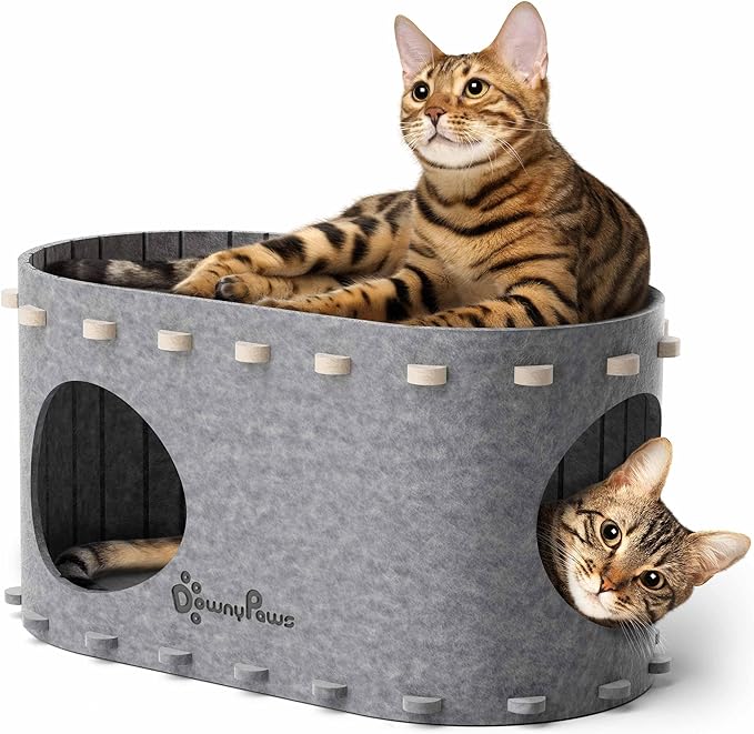 DownyPaws Cat House for Indoor Cats, Cat Bed Cave for Multiple & Large Cats Up to 22 Lbs, Scratch Resistant, Foldable Peekaboo Kitten Caves Tunnel Enclosed Bed, PeekaPurr, Light Gray