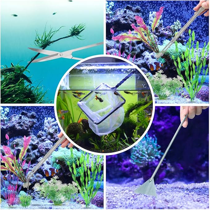 Extra Long Aquarium Aquascaping Tools Kit 8 in 1, Liveek Stainless Steel Aquarium Plant Tools Long Fish Tank Aquascape Tweezers Scissors Scrapers, PH Paper, Fish Net, Aquascape Clean Brush, Bag