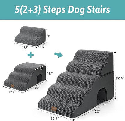 Extra Wide Dog Stairs with Tunnel, Detachable Large Pet Step for Small Medium Dog, Puppy or Cat, Ramp for High Bed, Couch, Sofa or Car, Stable, 19.7x33x22.4 inch, 5 Step, Dark Grey