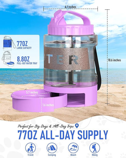 77oz Dog Travel Water Bottle, Large Portable Dog Water Bowl Dispenser, Leakproof Pet Drinking Bottle Dispenser for Hiking Camping Walking Travelling Beach Car Trips, No Spill, BPA Free,Purple