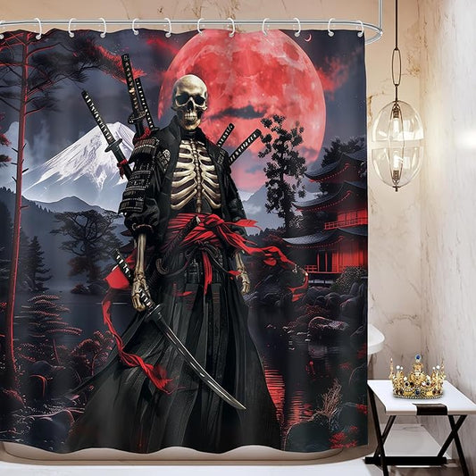Japanese Anime Shower Curtain 72Wx72H Asian Samurai Gothic Skull Skeleton Black Red Spooky Cool Bathroom Decor Vintage Mountain Sun Nature Landscape Bath Curtain Fabric Polyester 12 Pack Hooks