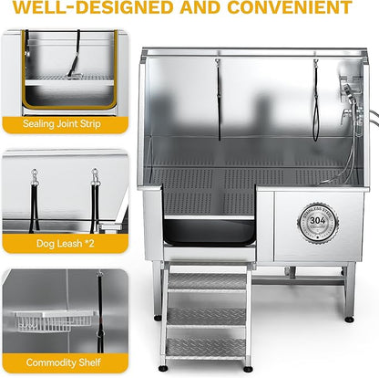 DWVO Professional Pet Dog Bathing Station for Grooming, 50'' Dog Grooming Bathtub with Left Stairs, Floor Grate, Faucet, Showerhead & Soap Holder for Large, Medium & Small Pets