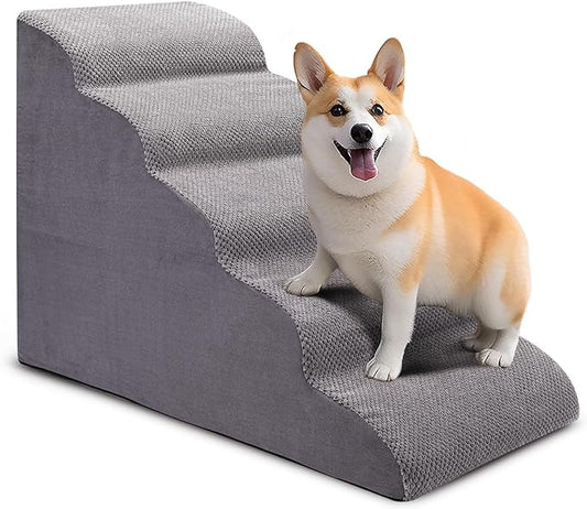 Dog Stairs for Bed and Couch, Non-Slip 5-Step Pet Stairs, 24" High Sofa Foam Dog Ramp - Best for Small Pets, Dogs and Cats with Joint Pain