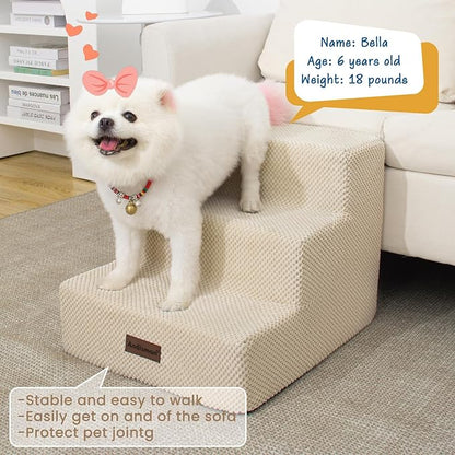 Dog Stairs for Small Dogs & Cats, 3-Step Non-Slip Pet Steps for Couch Sofa and Chair, Beige, 13.6" H