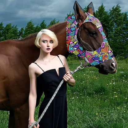 Frienda 4 Pieces Horse Fly Masks with Ears Face Covering UV Protection from Insect Pests Elasticity Smooth Comfortable Mesh Horse Mask Accessories(Geometric,Large)