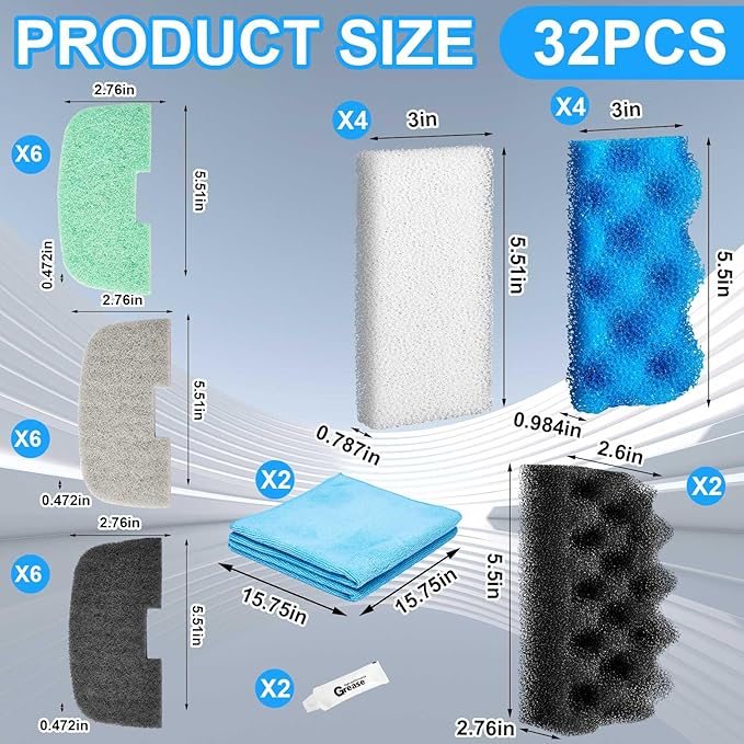 32 Pcs Aquarium Replacement Maintenance Kit Compatible with Fluval 106/107 Filter Media Including Biological Sponge, Ammonia/Phosphate/Nitrite Remover Pad, Aquarium Towel, Grease