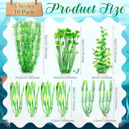 10 Pcs Large Aquarium Artificial Plants Decorations, Tall Plastic Fish Tank Plant Decorations for Household and Office Aquarium (Green)