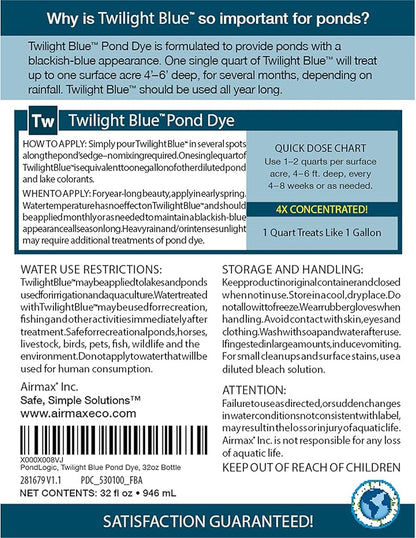 Airmax Twilight Blue Pond Dye 4X Concentrate for Outdoor Ponds & Lakes, Natural Pond Colorant & Beauty Enhancer, Block Ultraviolet Rays, Fish, Bird & Livestock Safe, Easy Liquid Application,1 Quart