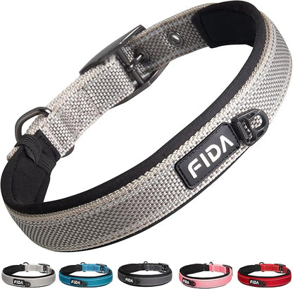 Fida Heavy Duty Dog Collar, Ultra Comfortable Soft Neoprene Padded, Adjustable Reflective Nylon Pet Collar with Durable Metal Belt Buckle for Medium Breeds (M, Grey)