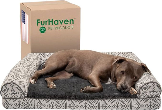 Furhaven Orthopedic Dog Bed for Large/Medium Dogs w/ Removable Bolsters & Washable Cover, For Dogs Up to 55 lbs - Plush & Southwest Kilim Woven Decor Sofa - Boulder Gray, Large
