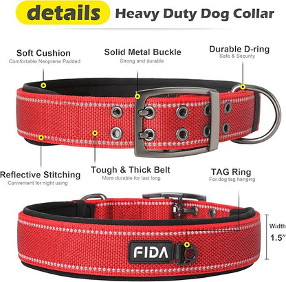 Fida Heavy Duty Dog Collar 1.5” Width, Ultra Soft Neoprene Padded, Adjustable Reflective Nylon Pet Collar with Two Metal Pin Belt Buckle for Large/X-Large Breeds (XL, Red)